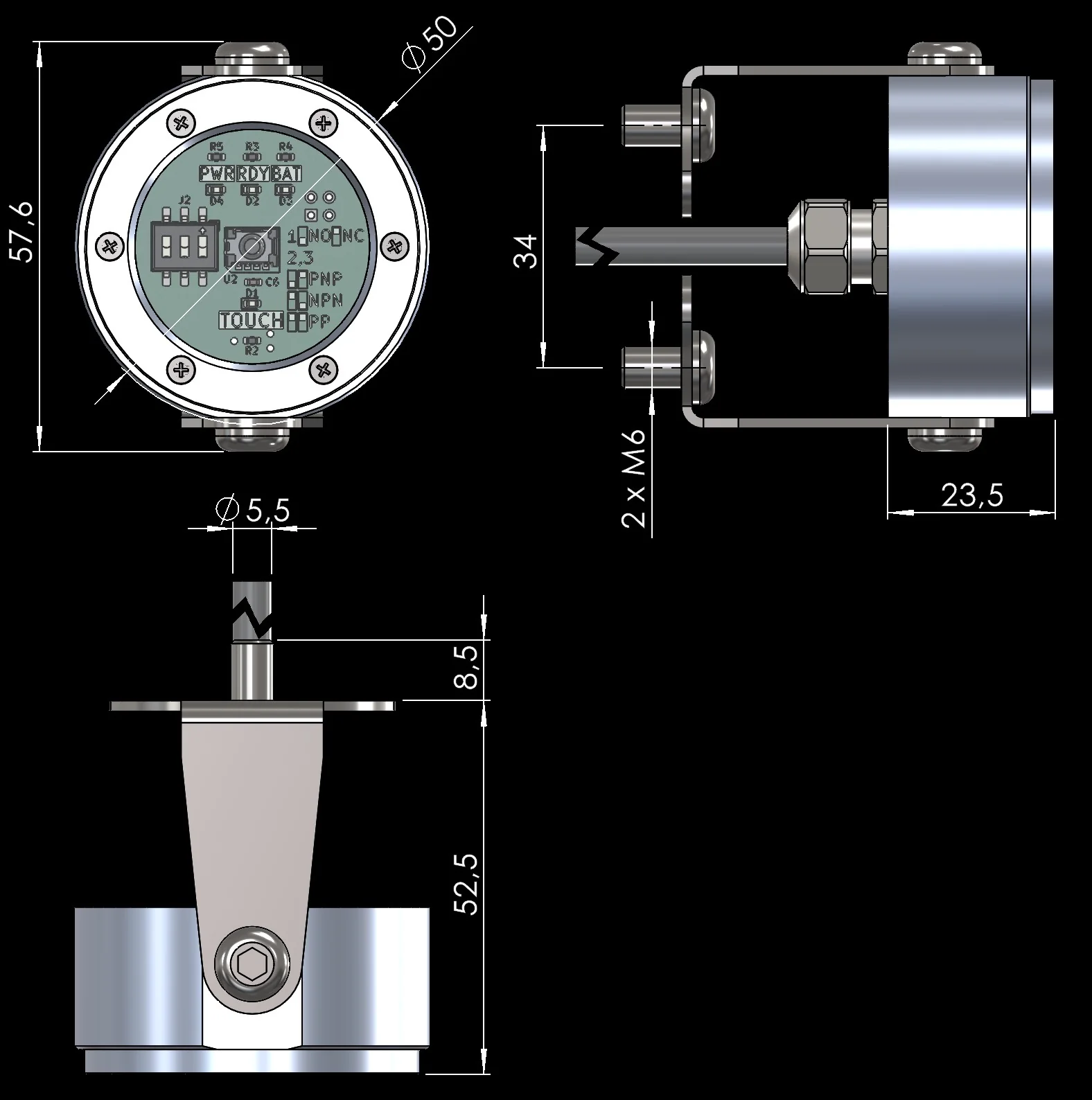TP1-IR Touch Probe – receiver dimension drawing