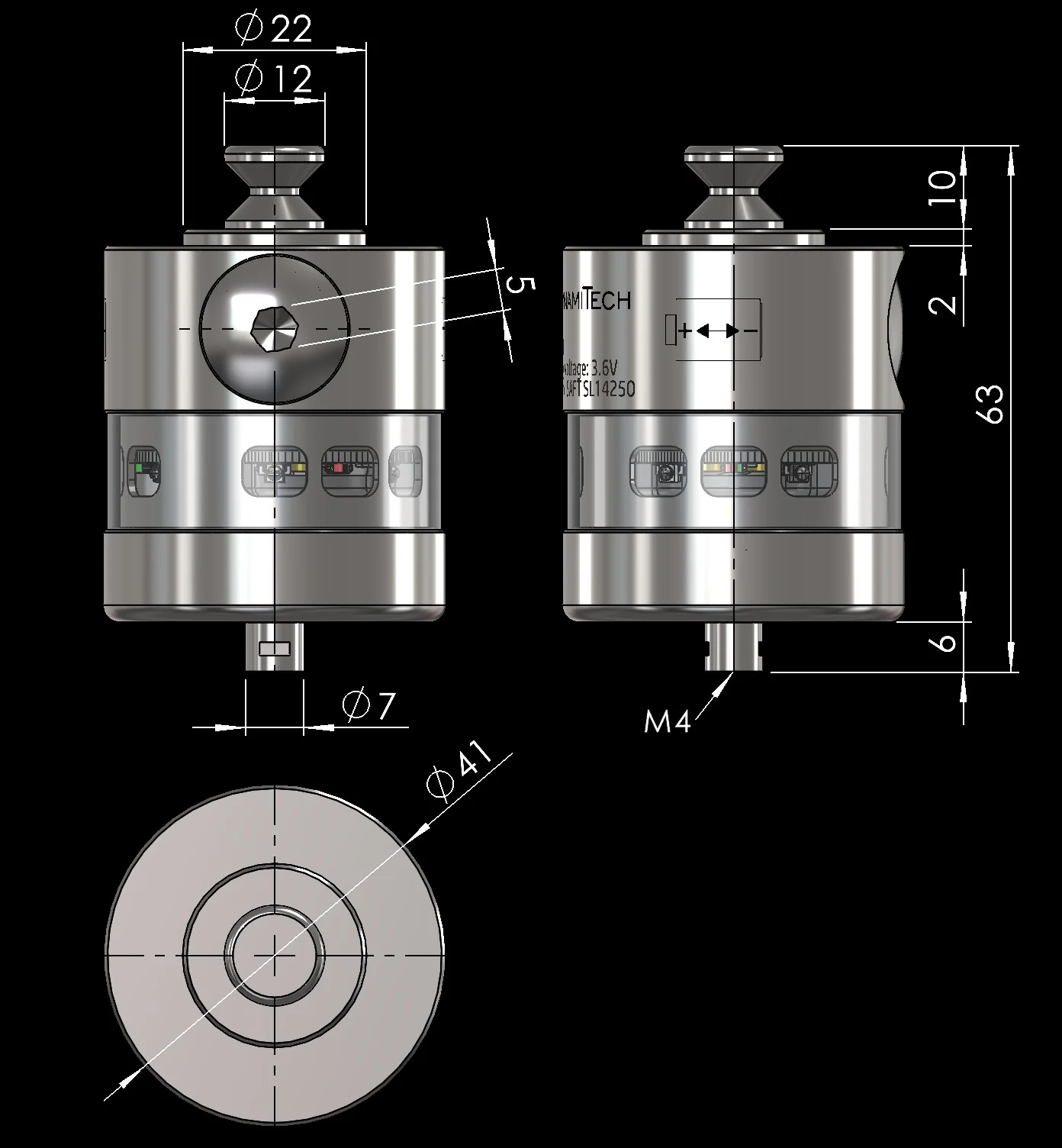 TP1-IR Touch Probe – transmitter dimension drawing