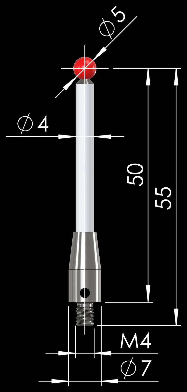 M4 D5×50 Ruby Stylus with Ceramic Stem – Measuring stylus with ruby ball and ceramic stem
